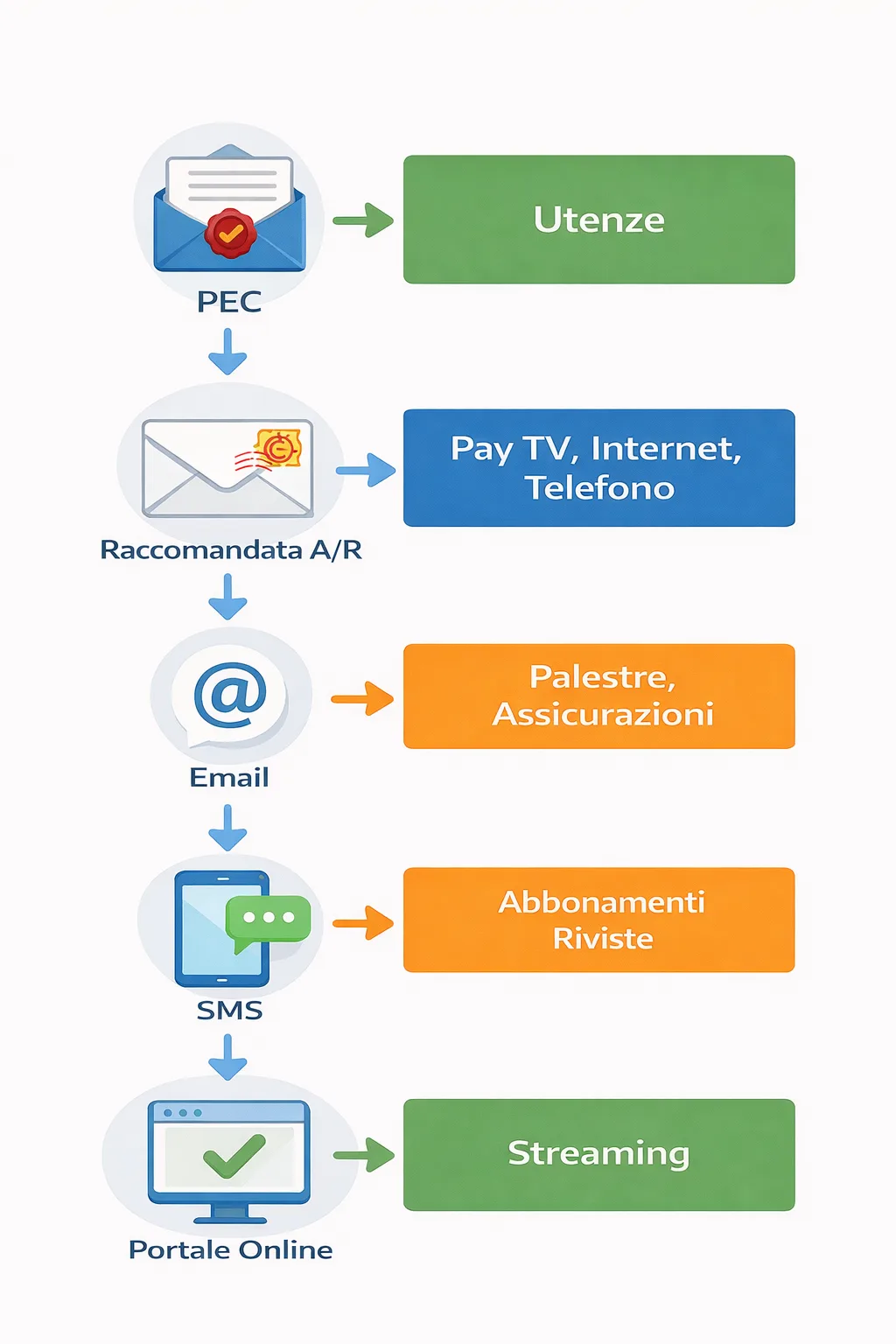 Checklist illustrata che indica il metodo di disdetta consigliato per palestra, streaming, software, utenze e assicurazioni