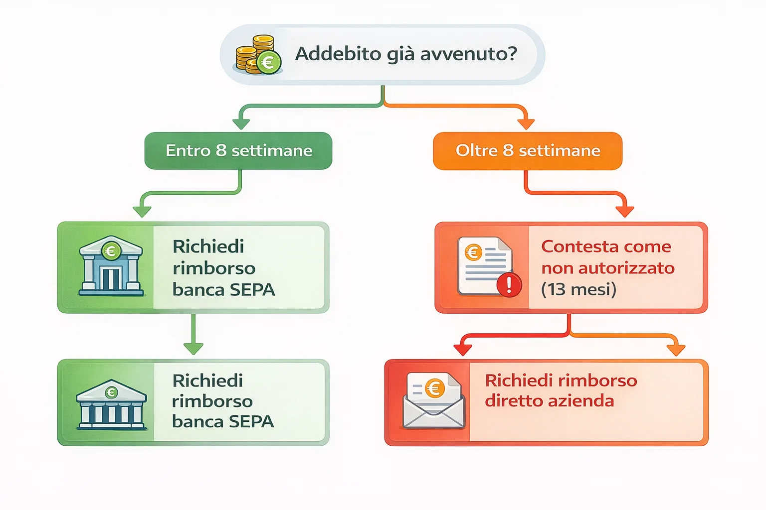 Diagramma di flusso che mostra le tre vie di rimborso in base a tempo trascorso e tipo di addebito