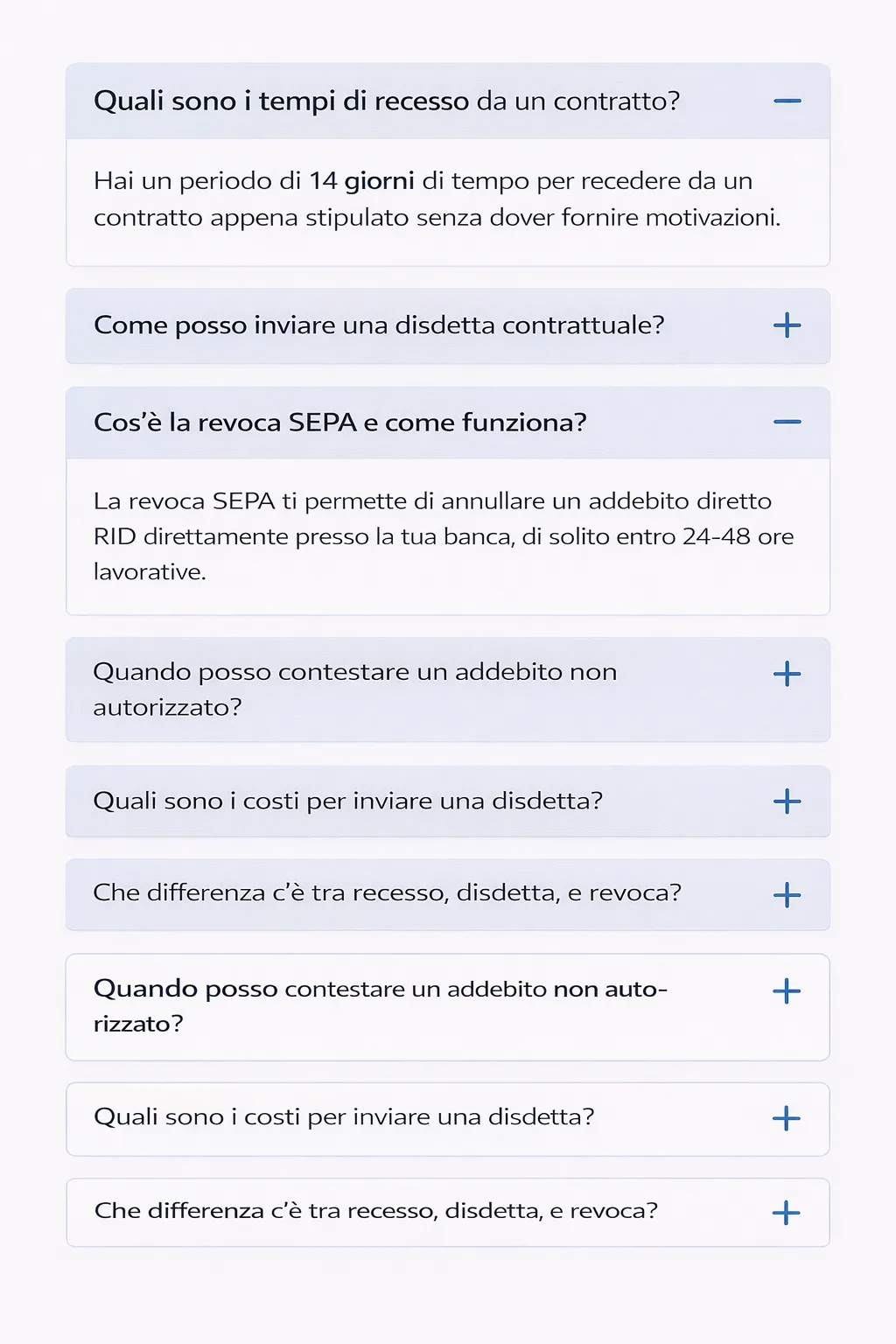 Visualizzazione accordion delle 7 FAQ principali su rinnovo automatico e disdetta