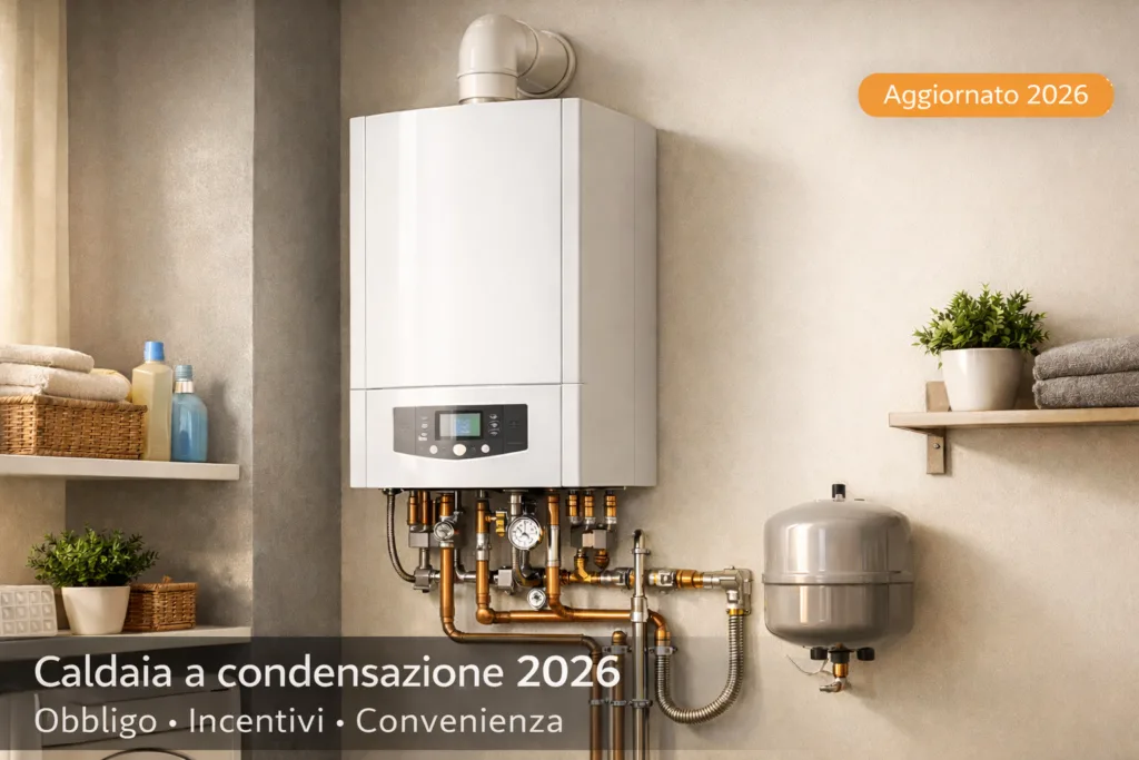 Caldaia a condensazione moderna installata in appartamento italiano - obbligo incentivi e convenienza 2026