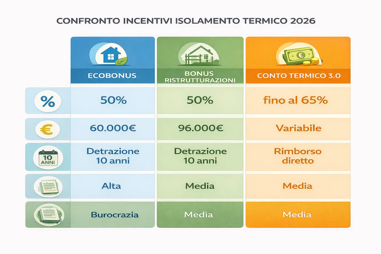 Tabella comparativa dei tre principali incentivi 2026 per il cappotto termico: aliquote, massimali e procedure