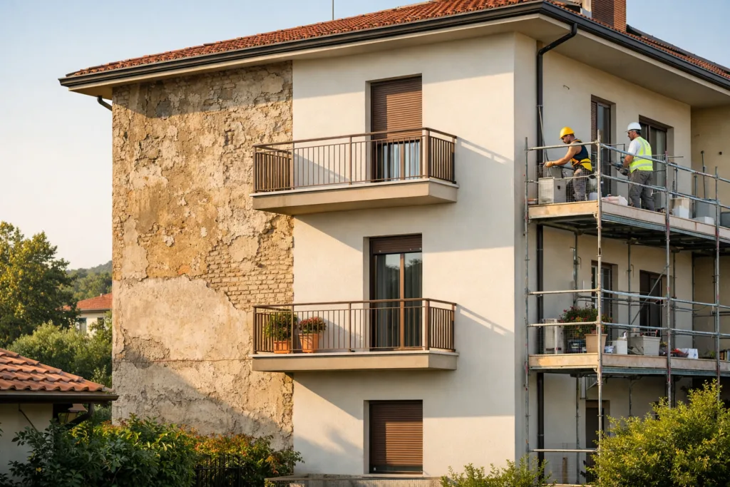 Facciata di edificio residenziale con cappotto termico esterno applicato