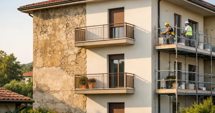 Facciata di edificio residenziale con cappotto termico esterno applicato