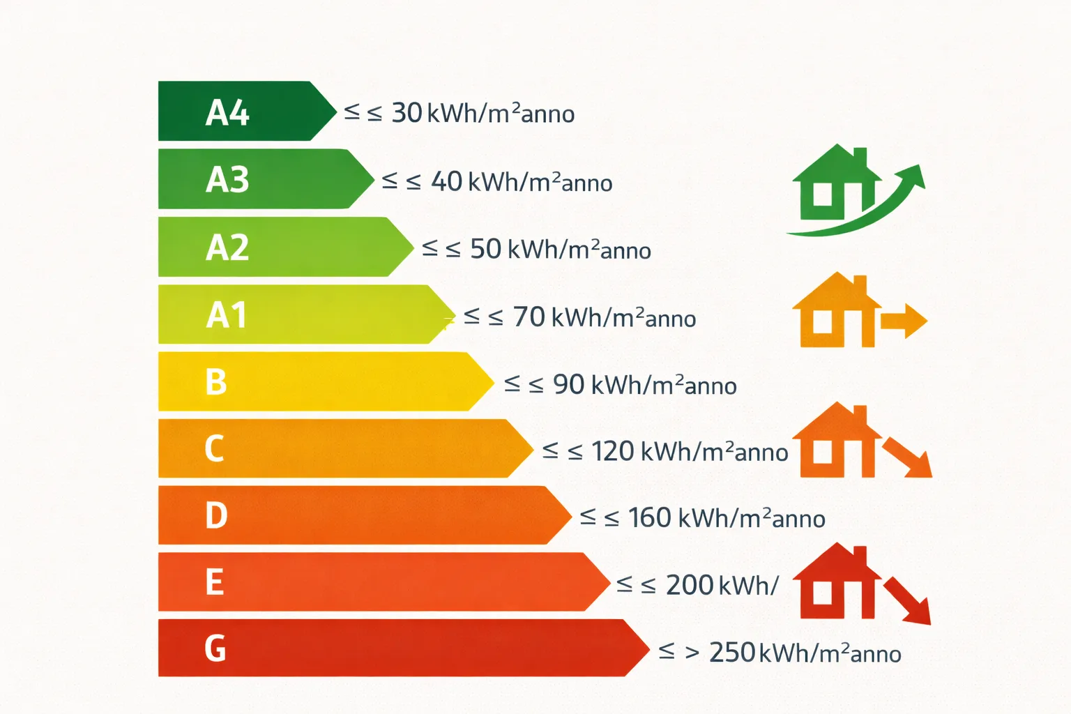 Grafico delle classi energetiche APE dalla A4 alla G con indicazione dell'impatto sul valore di mercato degli immobili