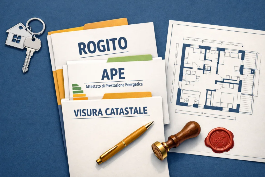 Documenti per la compravendita immobiliare su scrivania con chiavi di casa e moduli burocratici