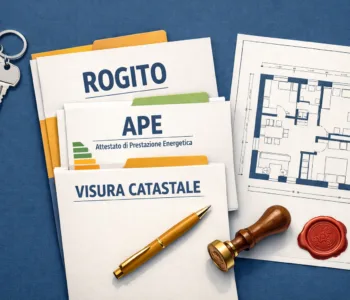 Documenti per la compravendita immobiliare su scrivania con chiavi di casa e moduli burocratici