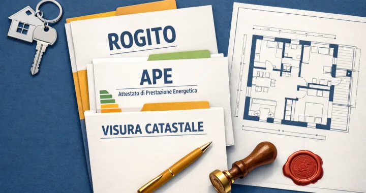 Documenti per la compravendita immobiliare su scrivania con chiavi di casa e moduli burocratici