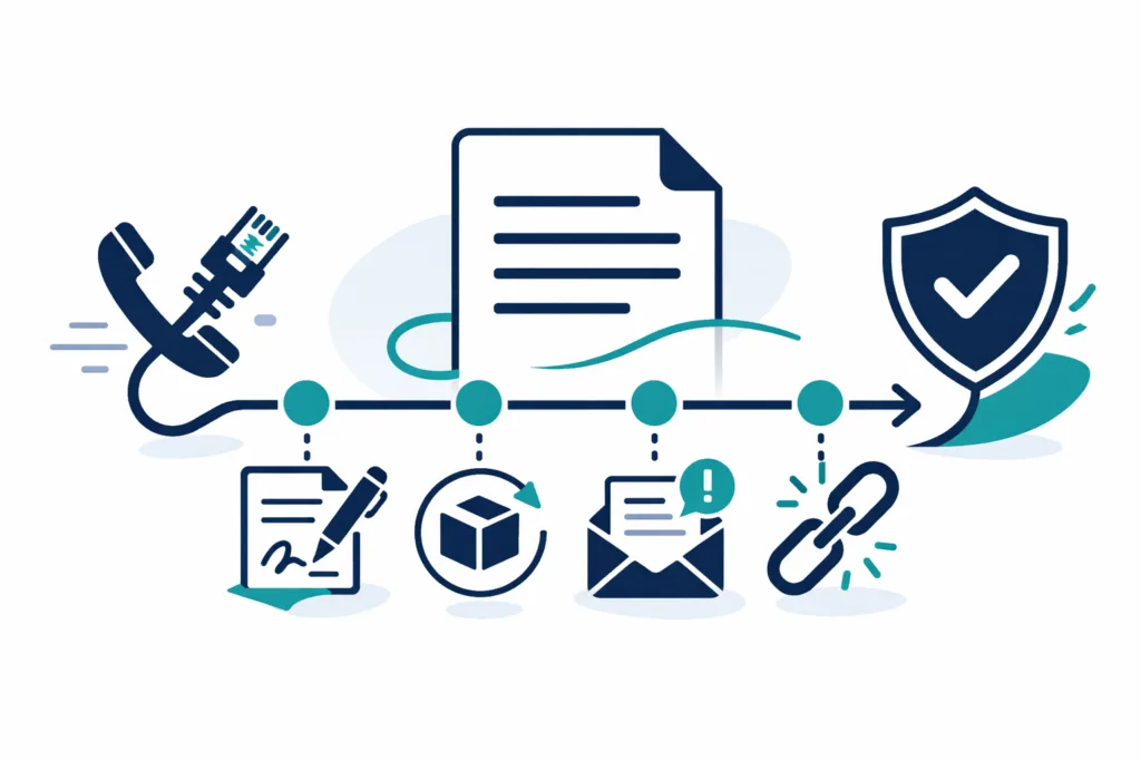 Illustrazione: percorso dei diritti dell'utente nei contratti di telefonia e internet, dal contratto alla risoluzione della controversia
