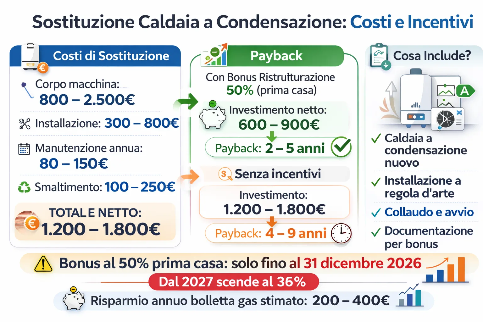 Schema costi e calcolo payback sostituzione caldaia a condensazione 2026
