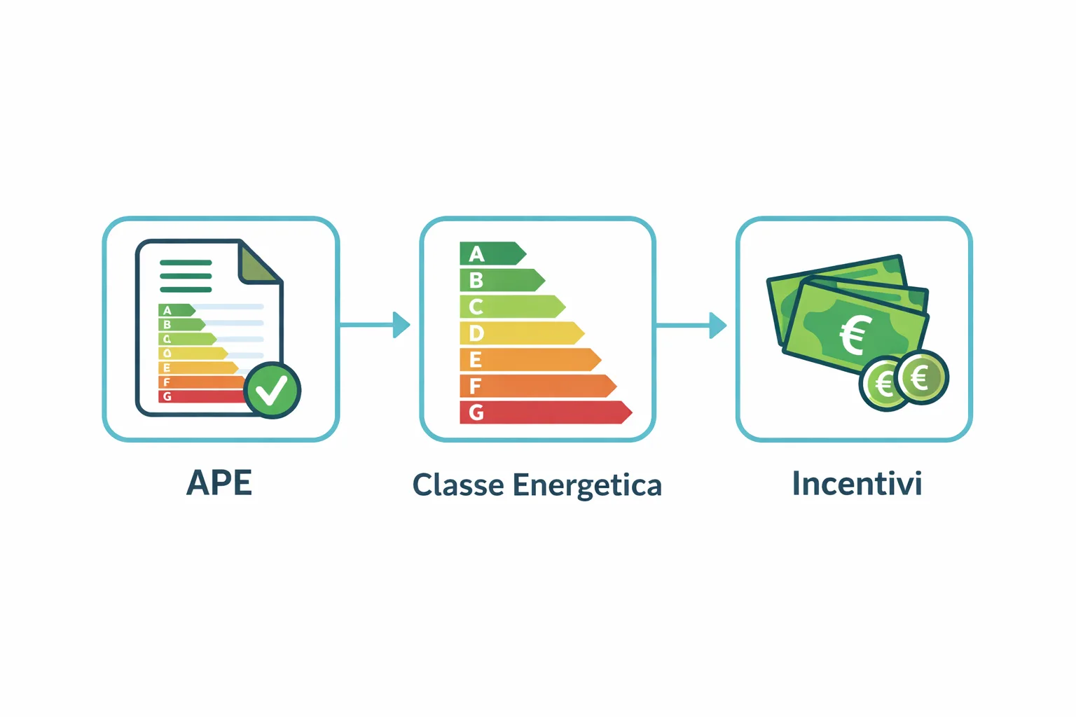 Diagramma che mostra come l'APE determina la classe energetica e apre l'accesso agli incentivi fiscali