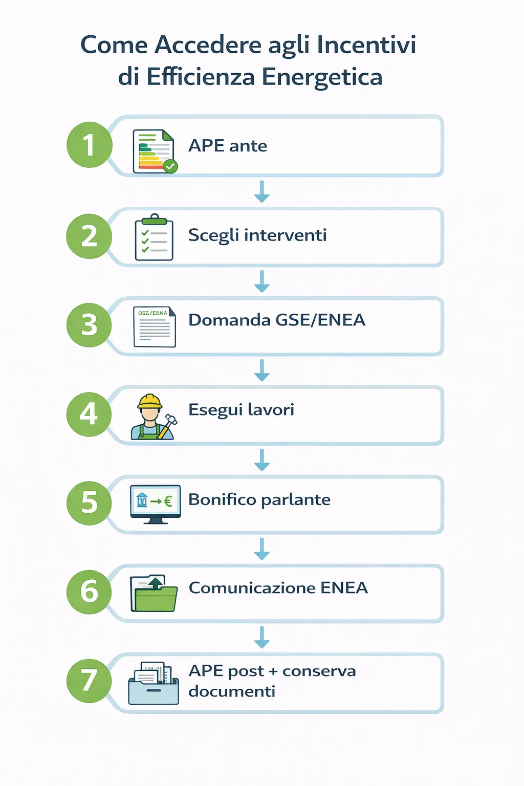 Diagramma di flusso che mostra i 7 passaggi per accedere correttamente agli incentivi di efficienza energetica in Italia nel 2026