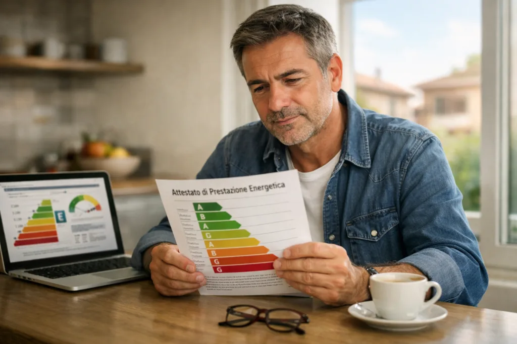 Proprietario di casa che consulta un attestato di prestazione energetica (APE) per valutare interventi di efficienza energetica