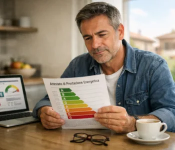 Proprietario di casa che consulta un attestato di prestazione energetica (APE) per valutare interventi di efficienza energetica