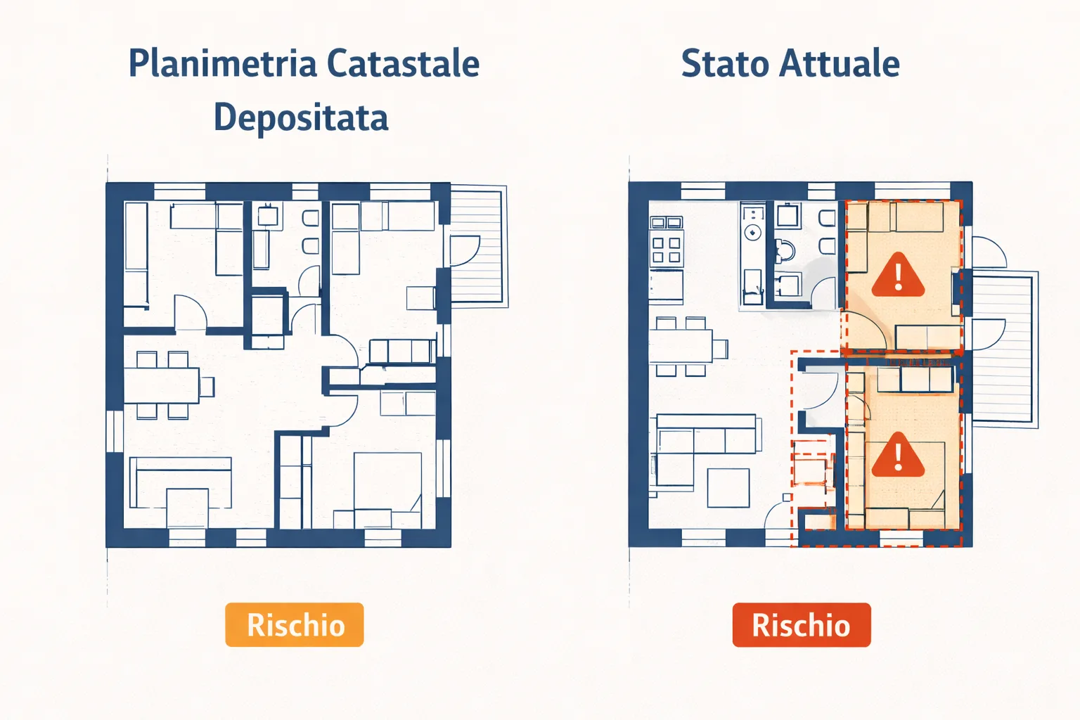 Confronto tra planimetria catastale depositata e stato attuale dell'immobile con difformità evidenziate