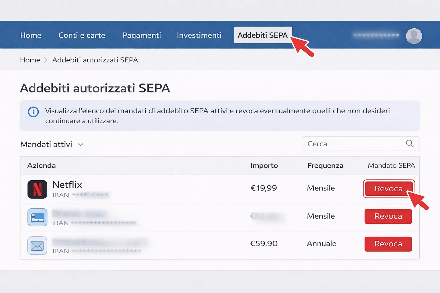 Screenshot di home banking che mostra la sezione gestione addebiti diretti SEPA con lista mandati attivi
