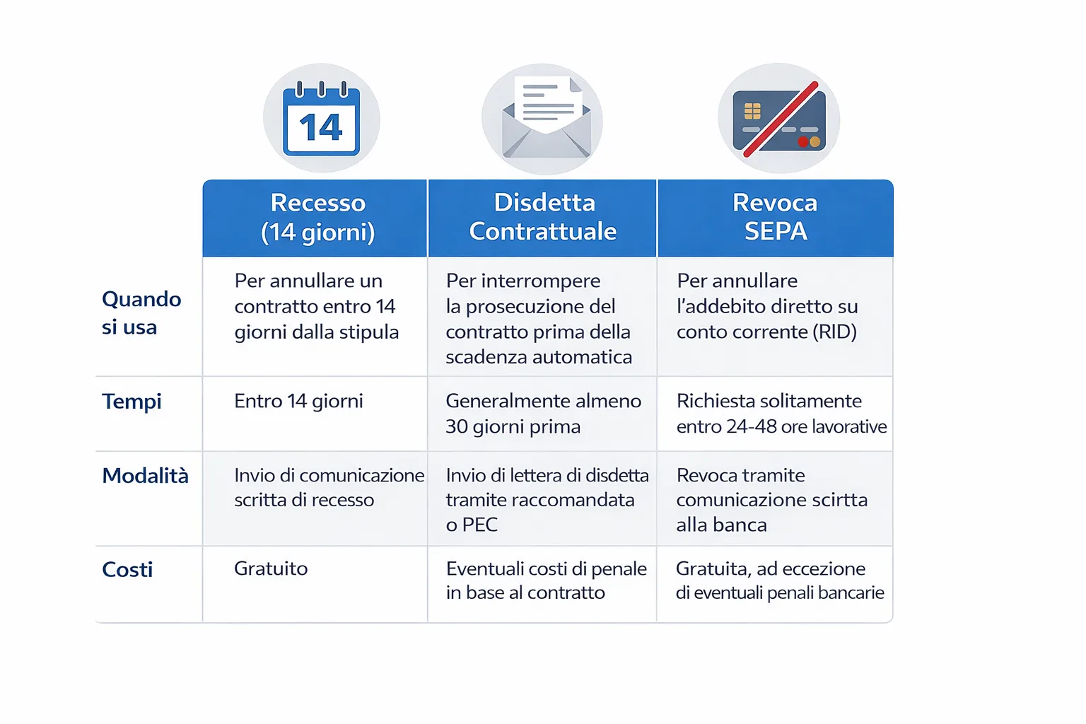 Tabella di confronto che spiega caratteristiche, tempi e modalità di recesso, disdetta contrattuale e revoca mandato SEPA