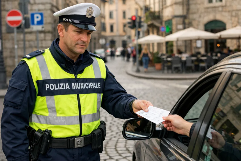 Agente della Polizia Municipale consegna verbale a automobilista in città