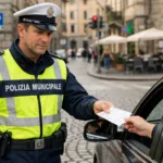 Agente della Polizia Municipale consegna verbale a automobilista in città