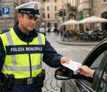 Agente della Polizia Municipale consegna verbale a automobilista in città