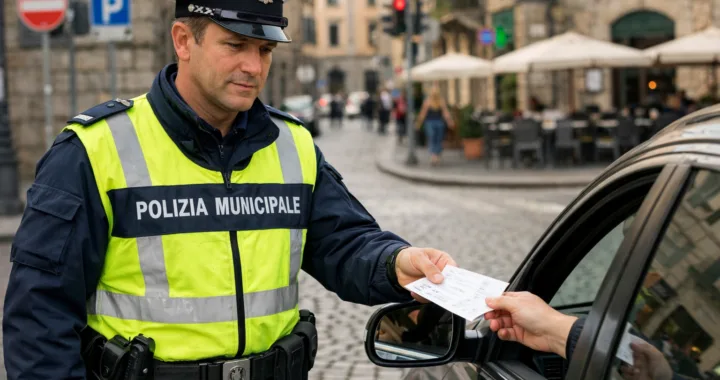 Agente della Polizia Municipale consegna verbale a automobilista in città