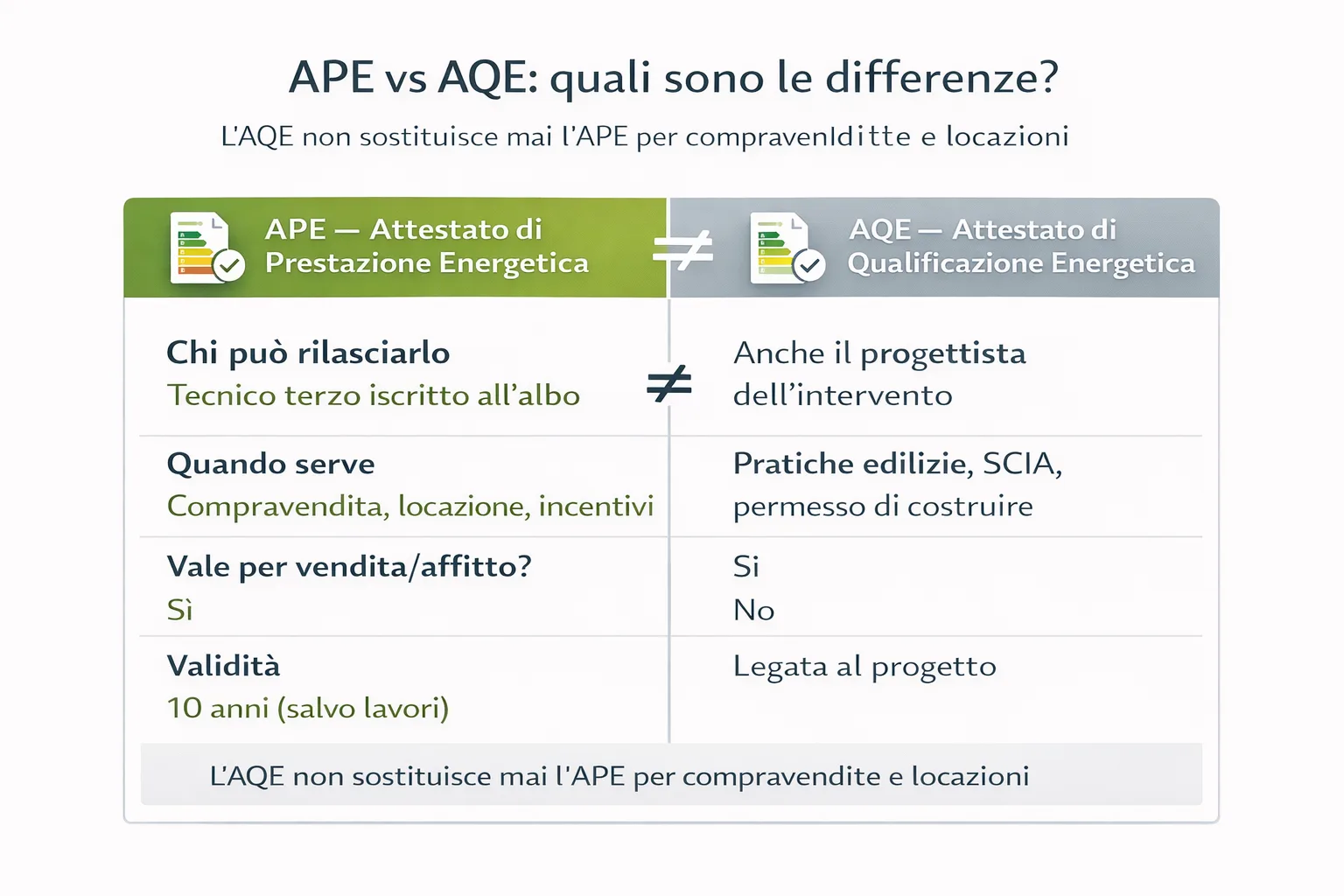 differenza APE attestato qualificazione energetica tabella