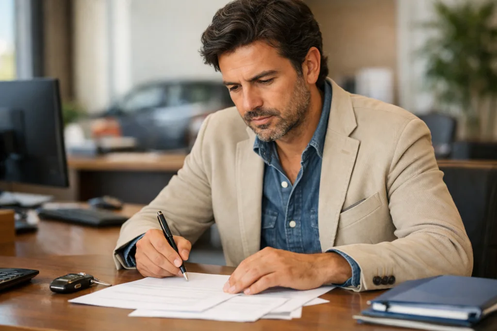 Automobilista italiano che legge il contratto di assicurazione RC auto