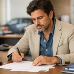 Automobilista italiano che legge il contratto di assicurazione RC auto