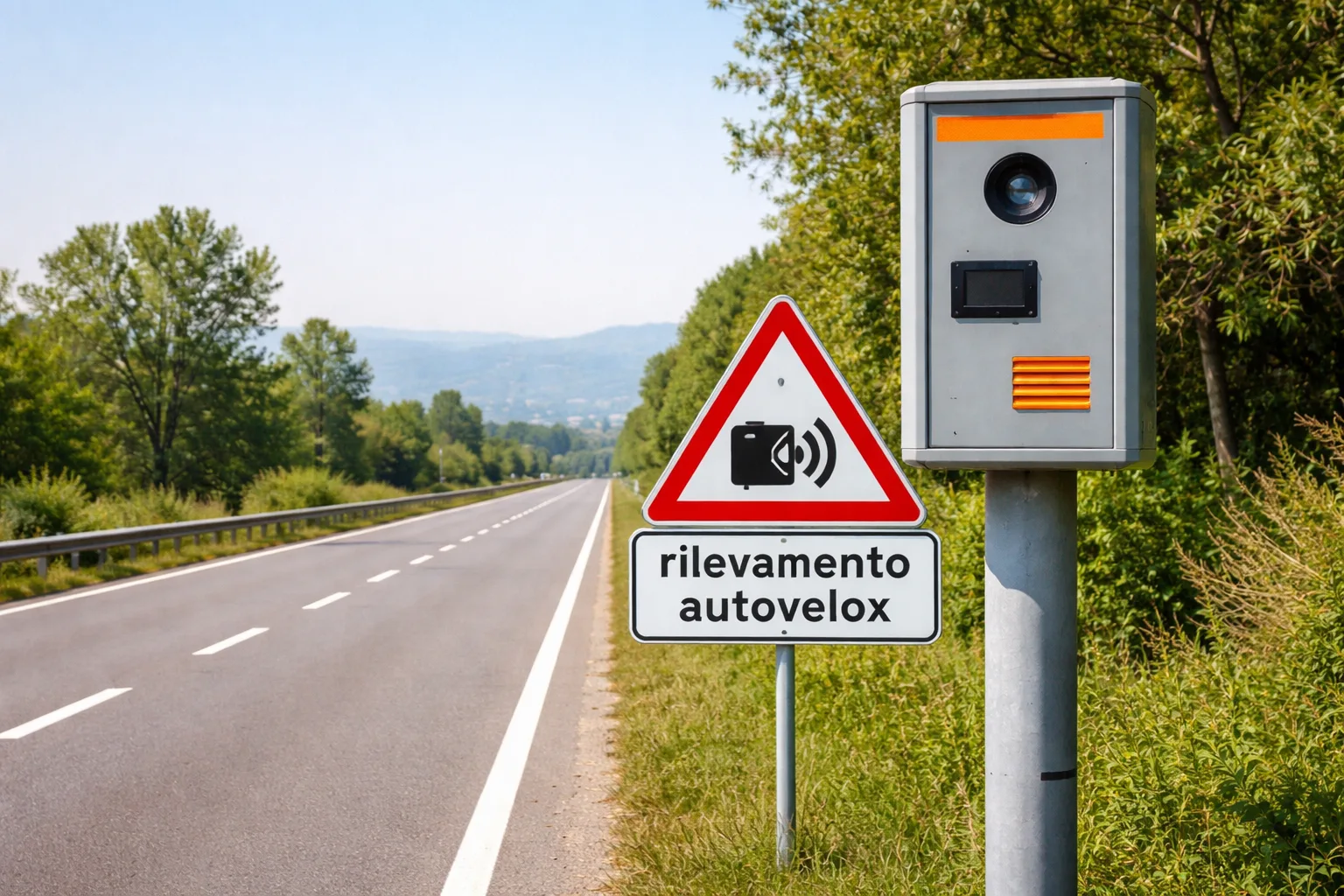 Autovelox installato su strada italiana con cartello di preavviso