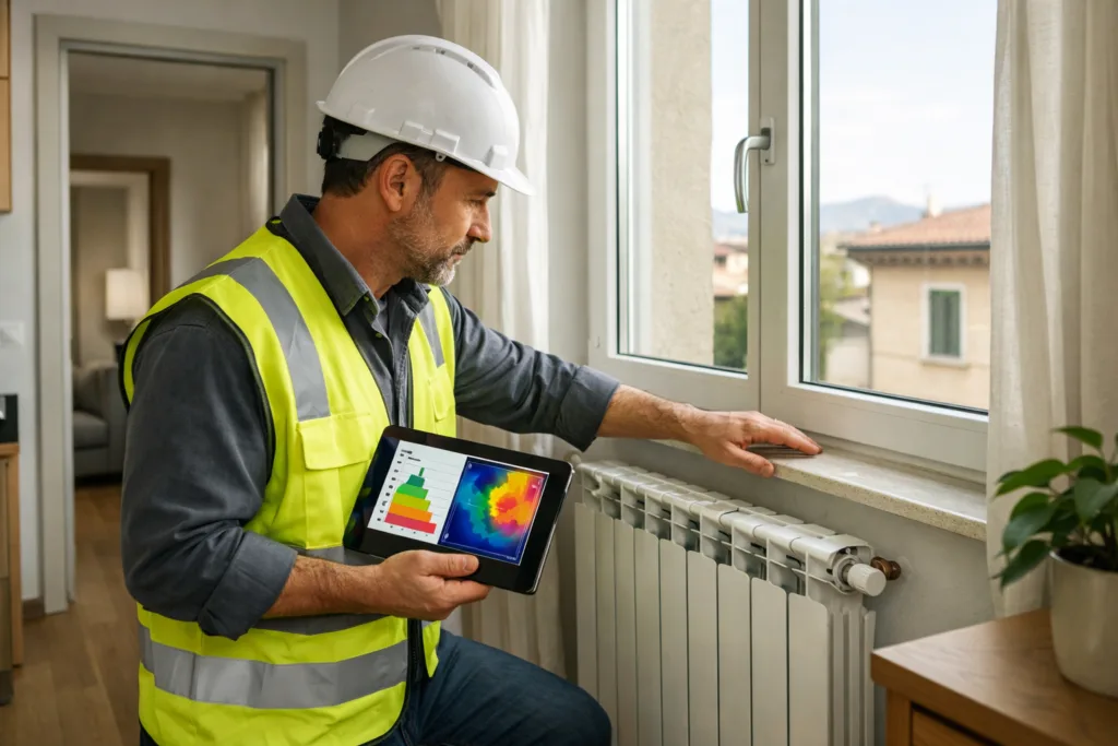 certificatore energetico durante sopralluogo appartamento