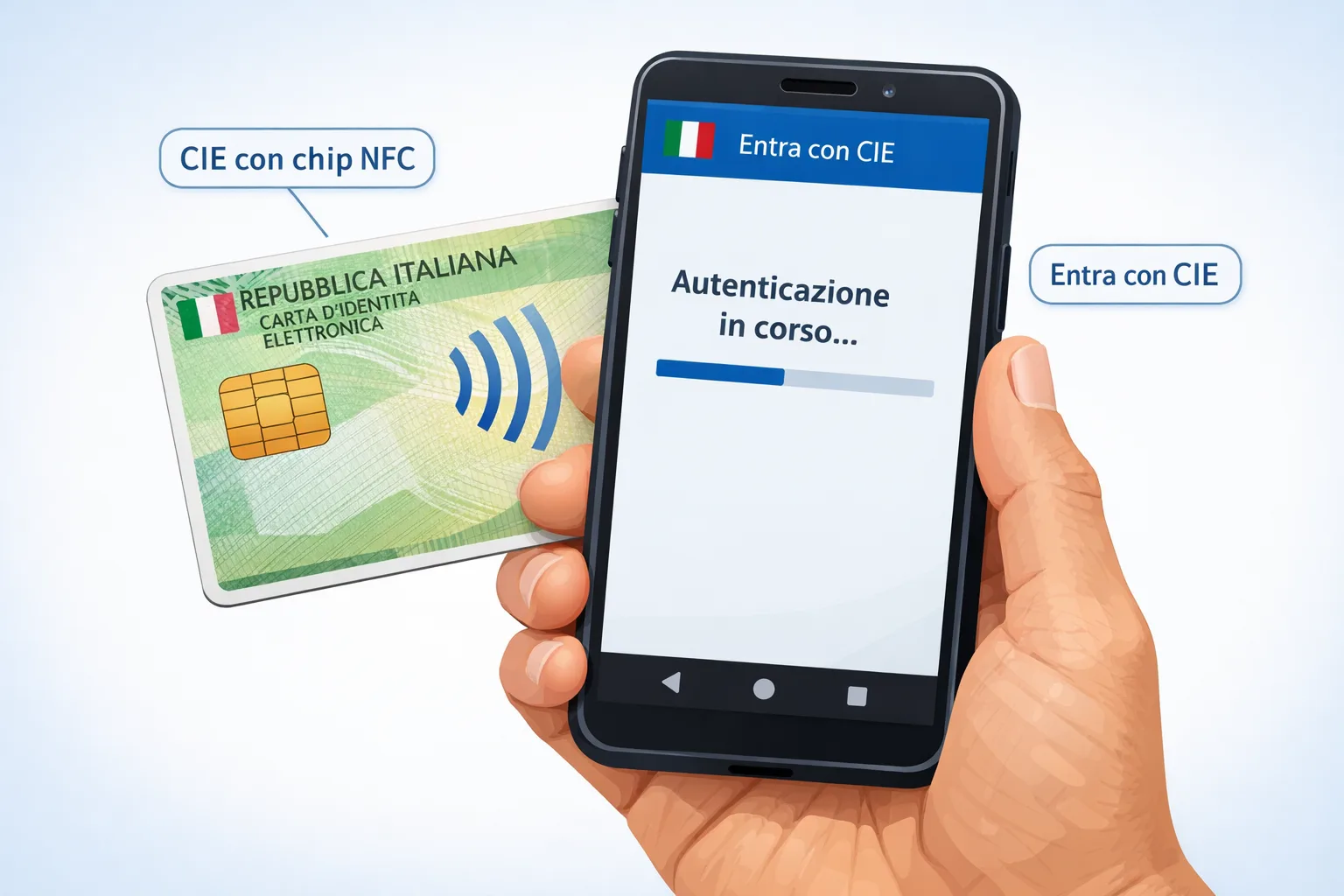 Smartphone che avvicina una Carta d'Identità Elettronica per lettura NFC