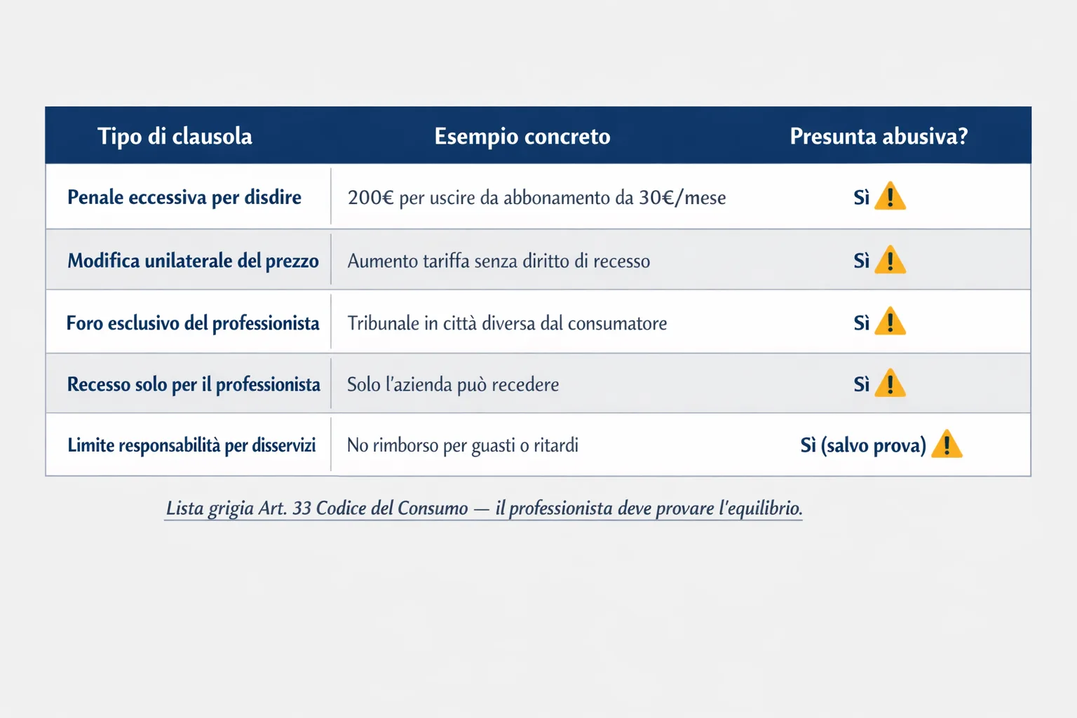 Tabella comparativa delle clausole tipiche della lista grigia del Codice del Consumo