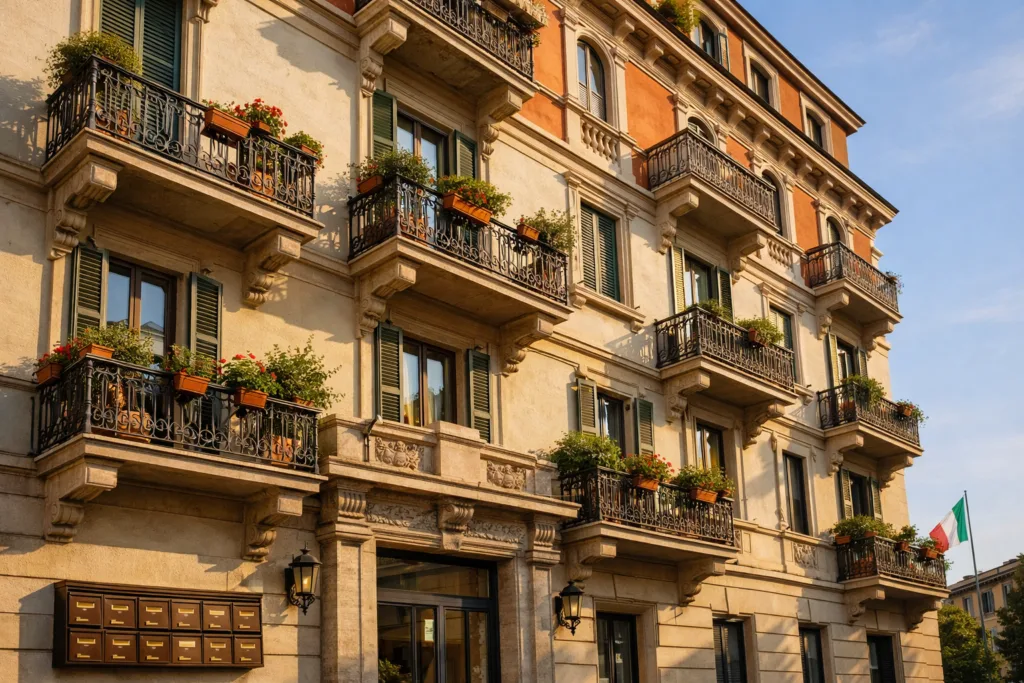 Facciata di un palazzo condominiale italiano visto dal basso