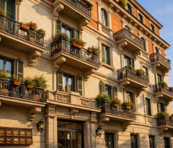 Facciata di un palazzo condominiale italiano visto dal basso