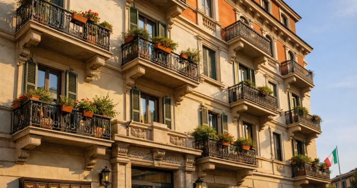 Facciata di un palazzo condominiale italiano visto dal basso
