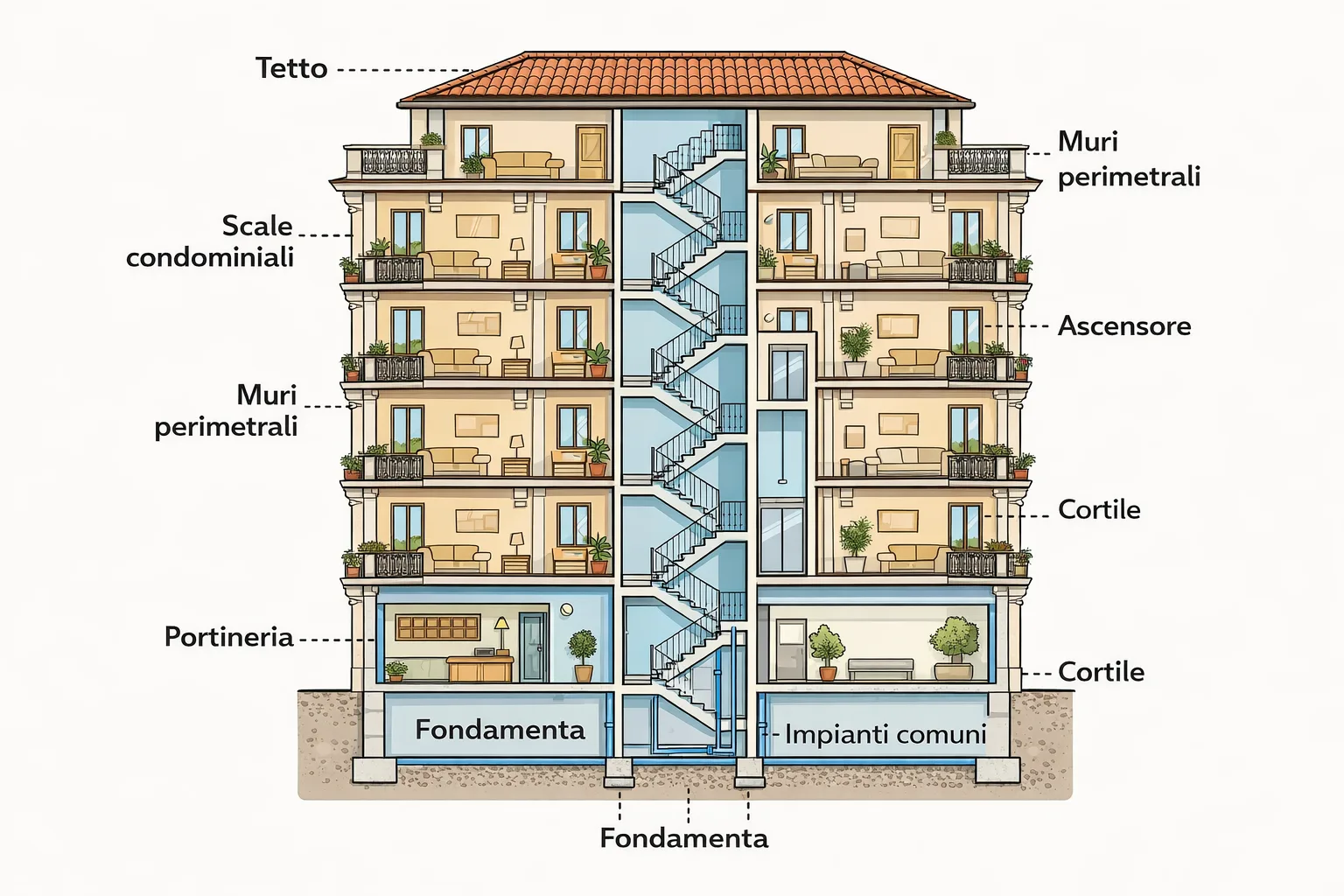 Schema illustrativo delle parti comuni di un edificio condominiale