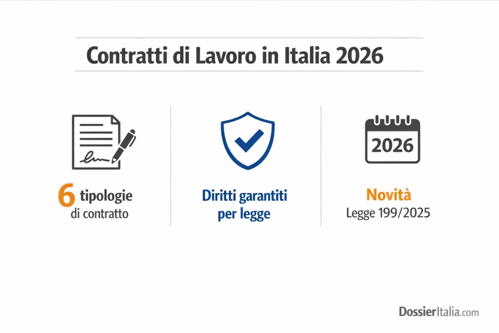 Infografica sulle tipologie di contratti di lavoro in Italia nel 2026 con diritti e novità normative