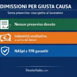 Infografica: dimissioni per giusta causa senza preavviso — cosa spetta al lavoratore
