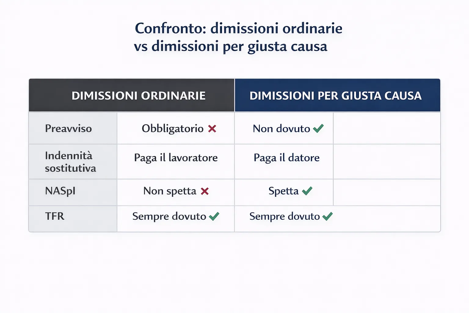 Tabella: confronto tra dimissioni volontarie ordinarie e dimissioni per giusta causa su preavviso, NASpI e indennità
