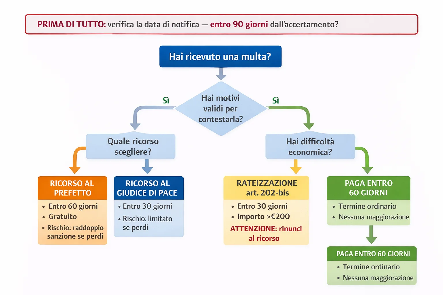 Flowchart decisionale: pagare, aspettare o fare ricorso a una multa