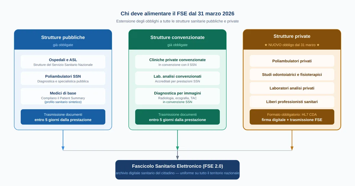 Schema delle strutture sanitarie obbligate ad alimentare il FSE dal 31 marzo 2026: pubbliche, private convenzionate e private non convenzionate