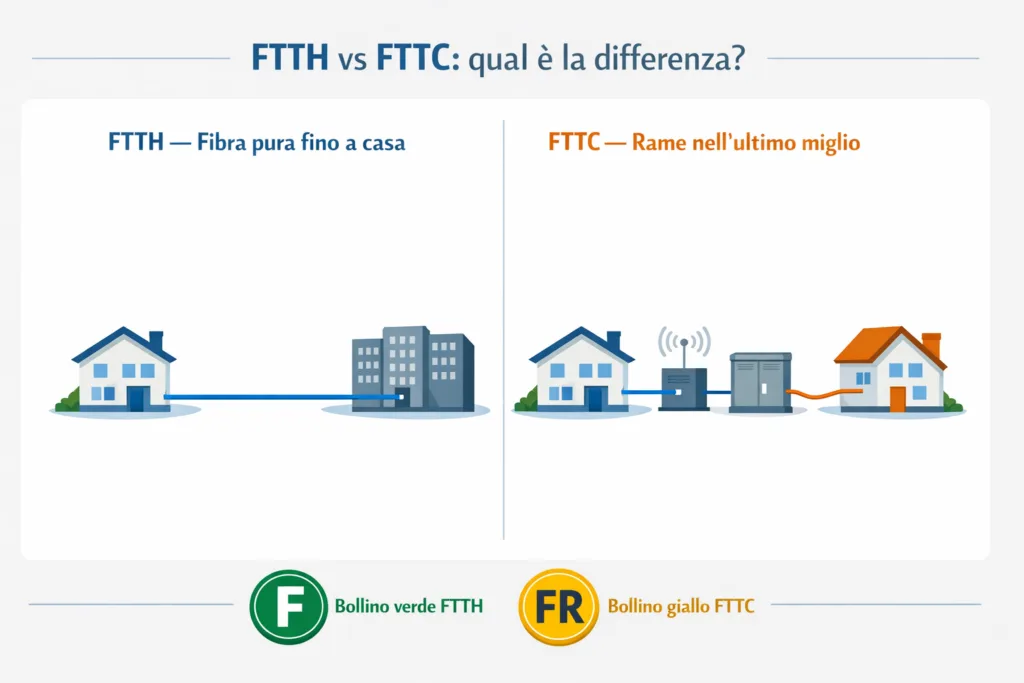 Infografica comparativa FTTH e FTTC: schema architettura fibra ottica pura e fibra misto rame con bollini AGCOM