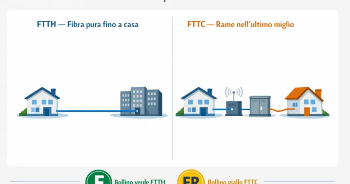 Infografica comparativa FTTH e FTTC: schema architettura fibra ottica pura e fibra misto rame con bollini AGCOM