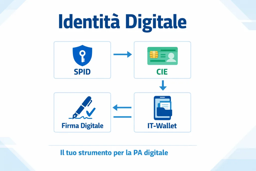 Infografica dell'ecosistema dell'identità digitale italiana con SPID, CIE, firma elettronica e IT-Wallet