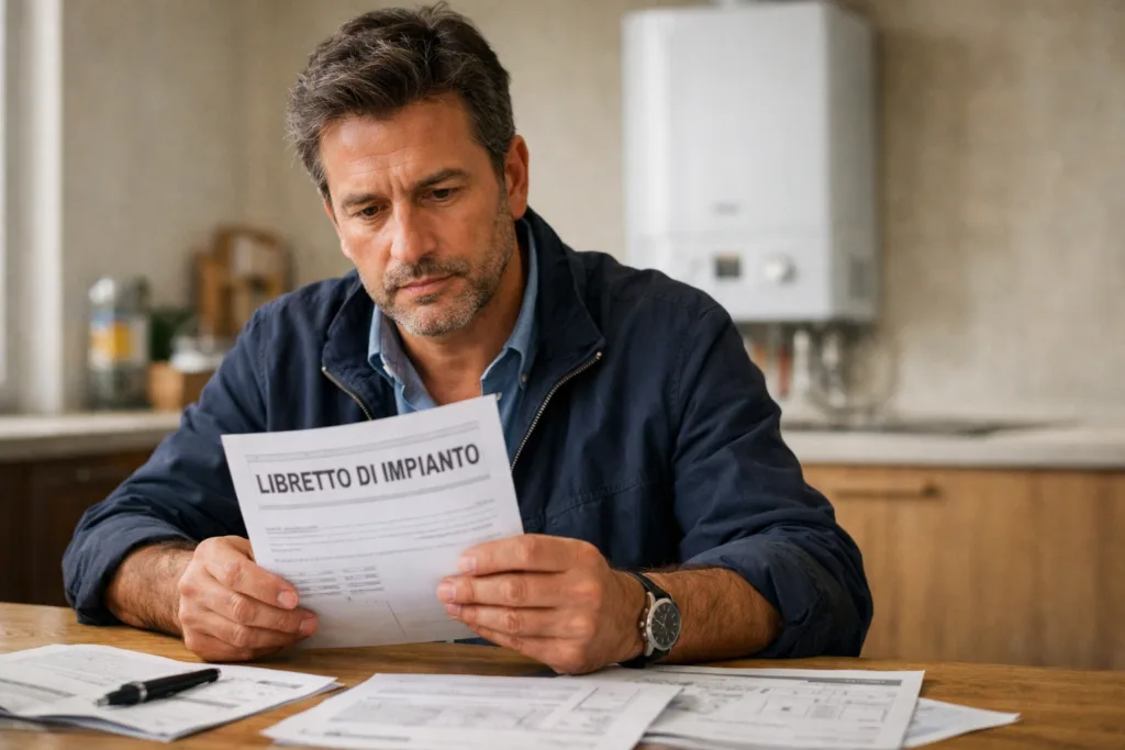 Proprietario di casa consulta il libretto di impianto obbligatorio