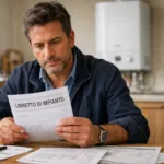 Proprietario di casa consulta il libretto di impianto obbligatorio