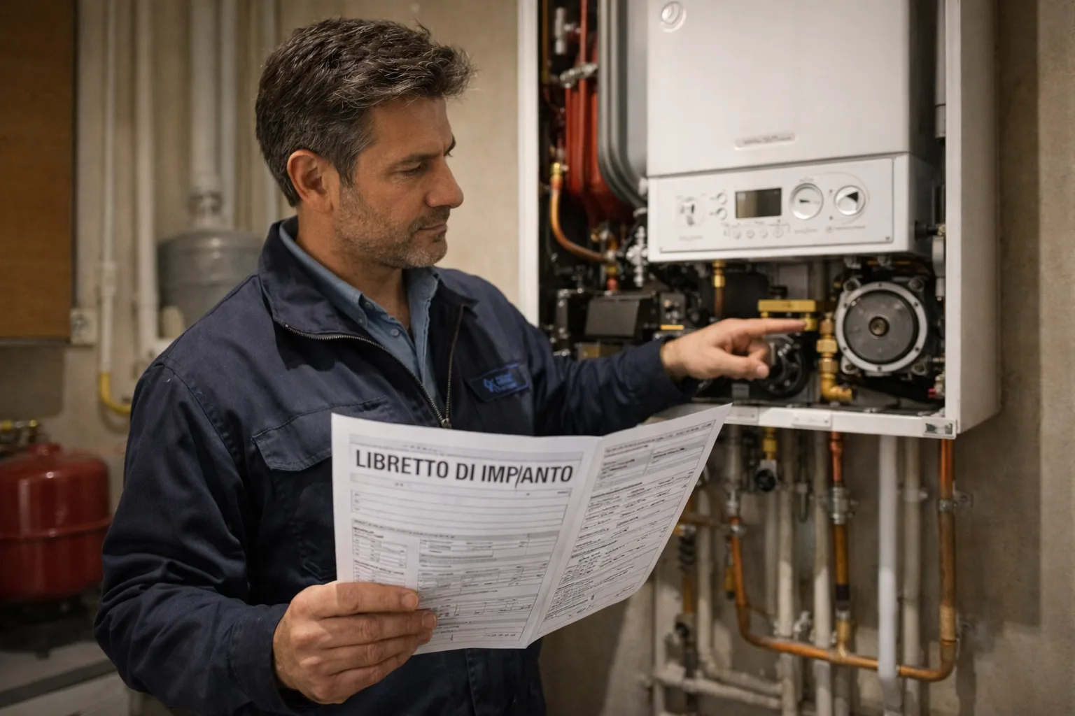 Tecnico con libretto di impianto davanti a caldaia