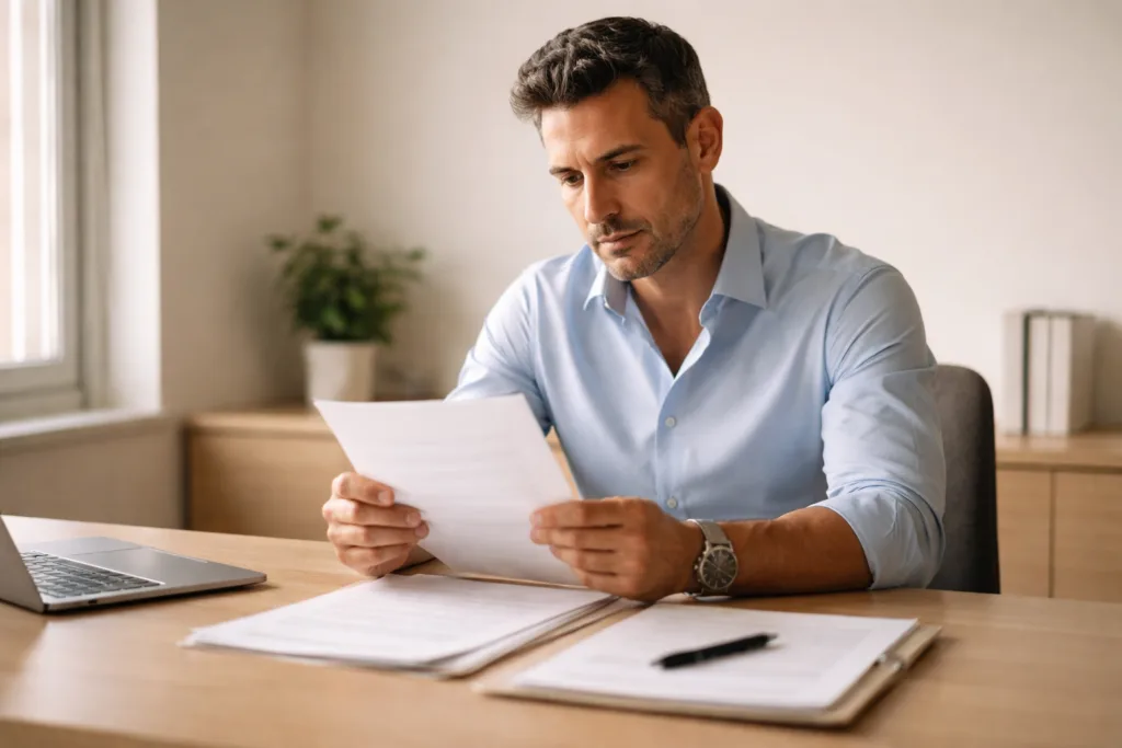 Lavoratore che esamina lettera di licenziamento alla scrivania