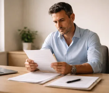 Lavoratore che esamina lettera di licenziamento alla scrivania