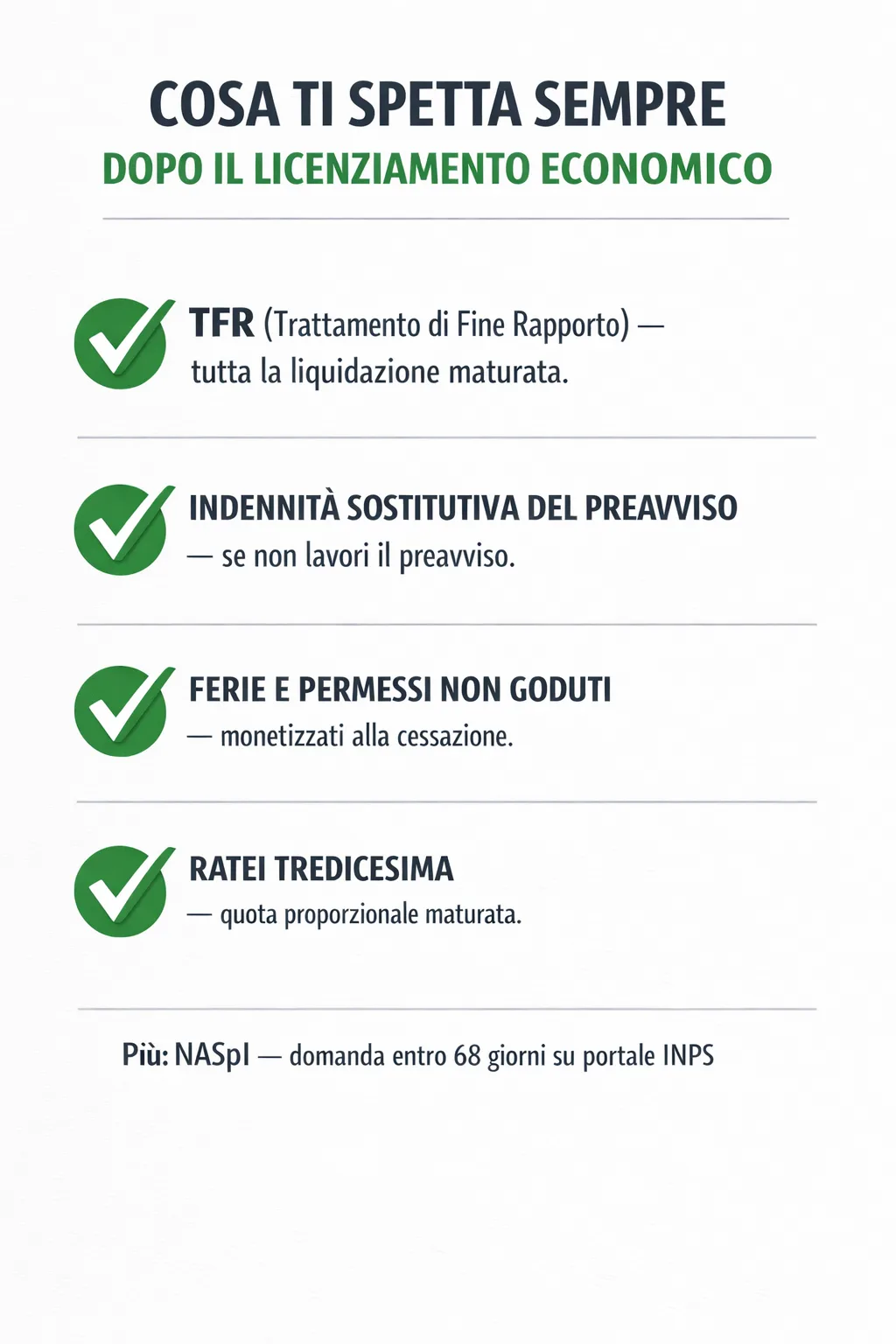 Checklist diritti del lavoratore dopo licenziamento economico: TFR, indennità sostitutiva del preavviso, ferie non godute, ratei tredicesima e NASpI