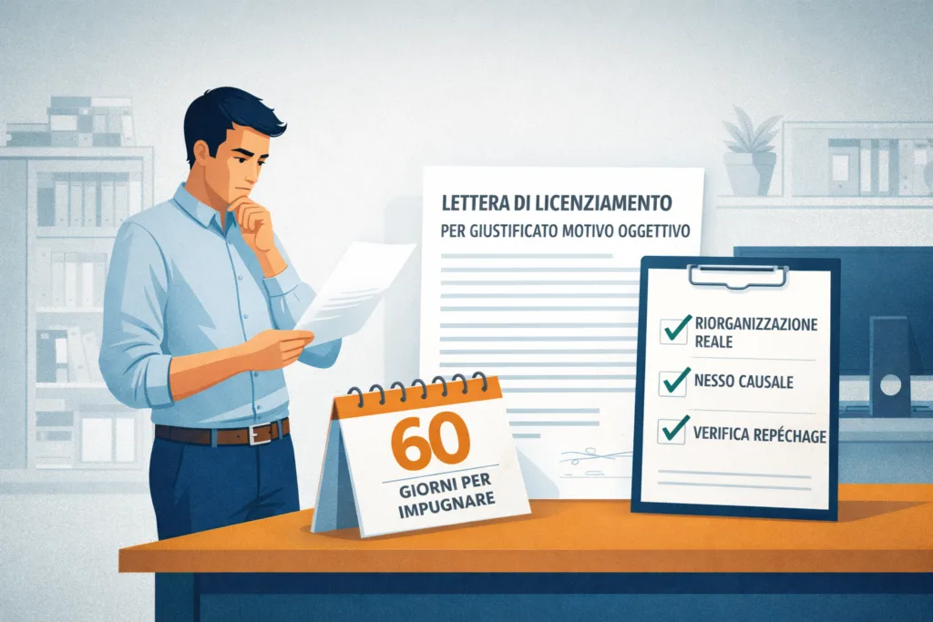 Lavoratore che legge una lettera di licenziamento per giustificato motivo oggettivo con checklist dei 3 requisiti di legittimità